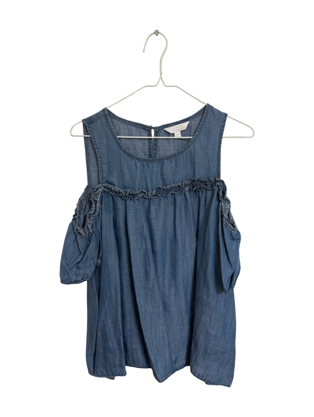 Lauren Conrad Cold Shoulder Denim Blouse Size Large coastal Grandma Cottagecore